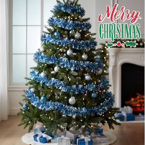 Shappy 90 ft 6 Rolls Christmas Tinsel Garland for Tree, Dark & Light Blue