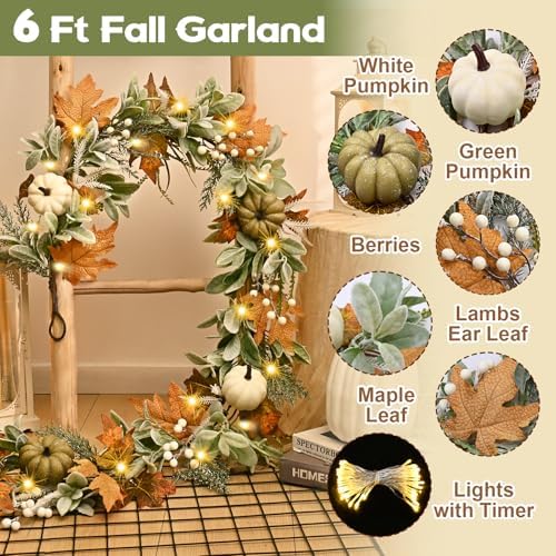 Waipfaru Fall Decor, 6 Ft Fall Garland for Mantle