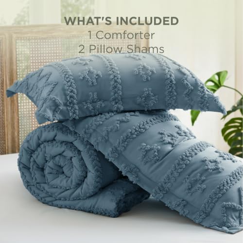 Bedsure Tufted Boho Comforter Set Oversized King - Dusty Blue Boho Bed Set, GentleSoft™ 3 Pieces Farmhouse-Style