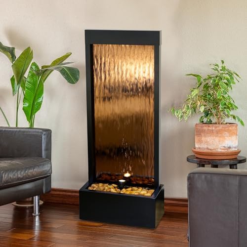 Alpine Corporation 48" Tall Indoor Modern Wall Mounted Zen Mirror Waterfall Floor Fountain with Stones and LED Lights