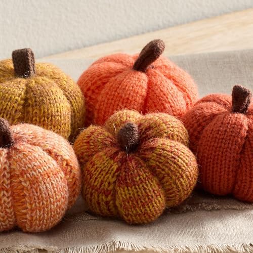 Set of 5 Mini Knit Pumpkins, Sunset Orange Gold Rust (Sunset 2.5 Inch Set)