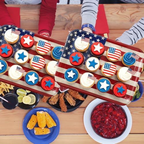 Whaline 3 Pcs Patriotic Serving Trays Vintage American Flag Melamine Platter Retro Stars Stripes Serving Dishes for 250th Anniversary 4th of July Independence Day BBQ Party Supplies, 10 x 13 Inch