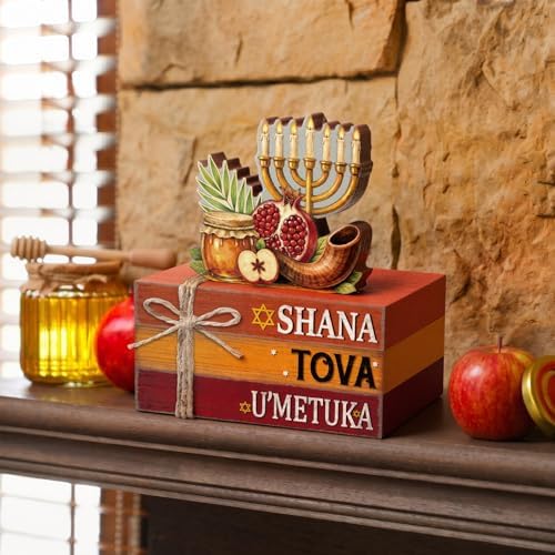 Geelin 4 Pcs Rosh Hashanah Tiered Tray Decor, Jewish New Year Party Decoration, Wooden Book Stack Signs Gifts, Shana Tova Apple and Honey Farmhouse Rustic Table Centerpiece for Shelf Coffee Bar