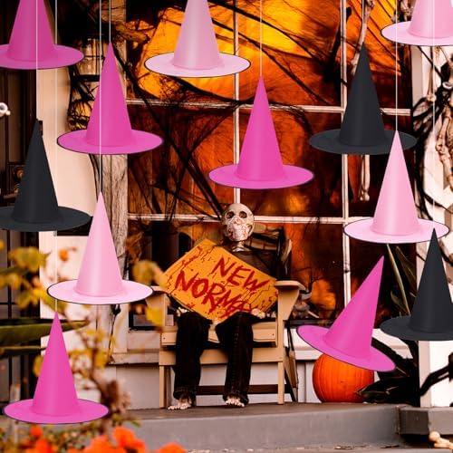 Gemscream 18 Pcs Floating Witch Hats Pink Black Halloween Decorations