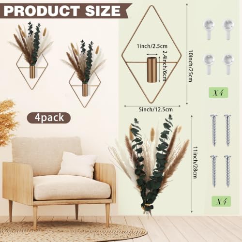 Jexine 2 Pcs Hanging Artificial Planters Wall Decor, Antique Copper, Pampas