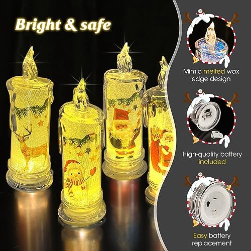 SupBri Christmas Flameless White Candles with Santa Claus, Snowman,Decals Set of 4, Battery Operated Christmas Themed LED Pillar Candles for Festival Christmas Decorations