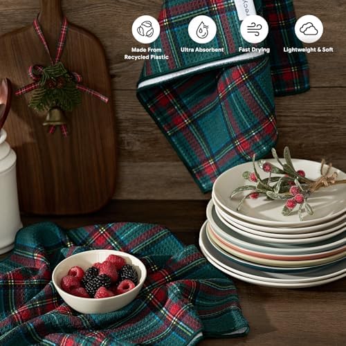 RECYCO Christmas Waffle Kitchen Towel Set of 2 - Quick Dry Microfiber Sustainable Dish Towels - Ultra Absorbent Reusable Cleaning Tea Towels - Lightweight Hand Towels,16”x 28”, Stewart Plaid Green