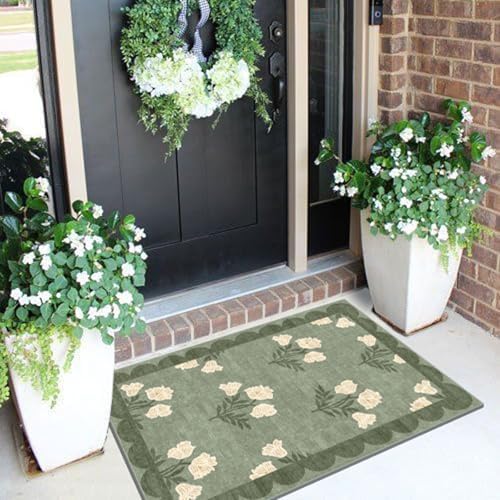 Front Door Mat Outside Entrance - 2x3 Sage Green Floral Entry Rug