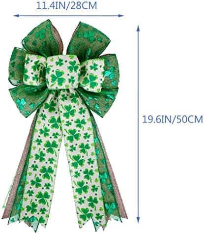St Patricks Day Bow for Wreath Decorations,St Patricks Day Tree Topper Bows,Large Burlap White Green Glitter Shamrock Bowknot Irish Holiday Crafts Bows for Front Door Outdoor Outside