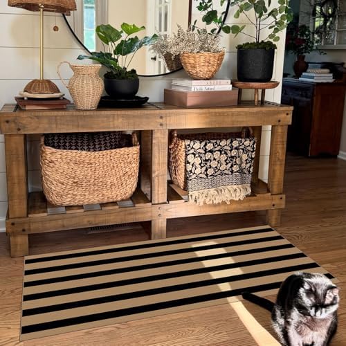 Front Door Mat Indoor Entrance - 2x4.3 Ft Black Tan Striped Rug