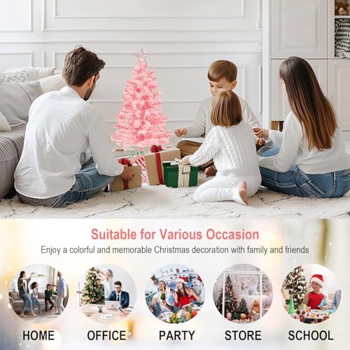 DUUDO 3FT Pink Premium Hinged Artificial Holiday Small Mini Christmas Tree for Tabletop,Home, Office, Indoor and Outdoor Holiday Decoration,Easy Assembly Metal Hinges & Foldable Base