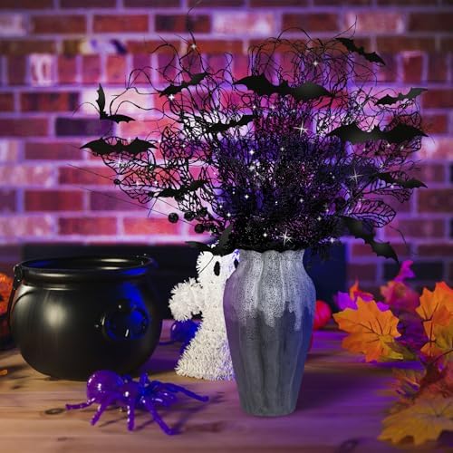 24 Pcs Artificial Halloween Branches Picks Ornaments with 12 Pcs Bats