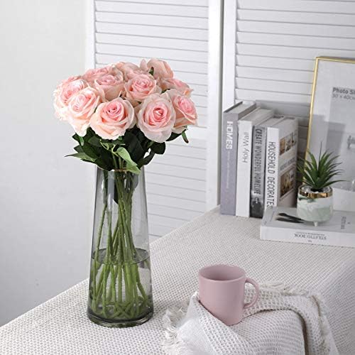 10pcs Light Pink Roses Artificial Flowers, Realistic Faux Rose with Stem