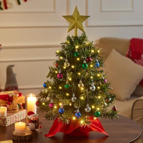 Joiedomi 24"/2FT Mini Christmas Tree Tabletop Set with Clear LED Lights, Artificial Mini Christmas Tree with Star Treetop and Hanging Ornaments, Best DIY Xmas Decorations