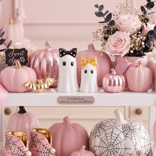 Set of 2 Halloween Ghost Figurines, White Ceramic Ghost Statue with Bowknot