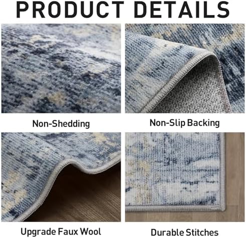 9x12 Area Rugs for Living Room: Washable Abstract Blue Gold Badroom Carpet