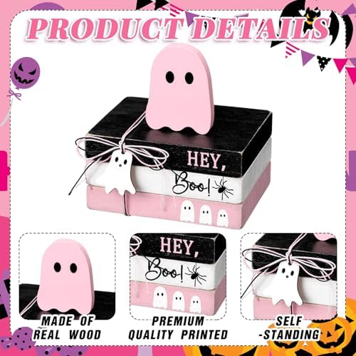 GlikCeil 4 Pcs Halloween Ghost Table Decorations Spooky Wooden Signs,Pink