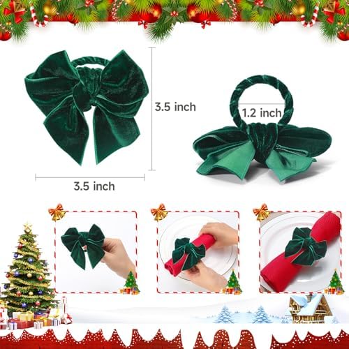 KPOSIYA Christmas Napkin Rings Set of 8, Green Velvet Bow Napkin Holders