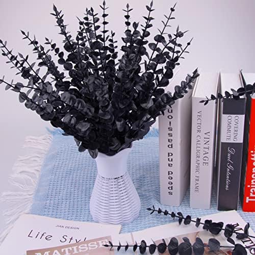 FEQO 36 Pcs Black Artificial Eucalyptus Stems 15" Faux Eucalyptus Branches