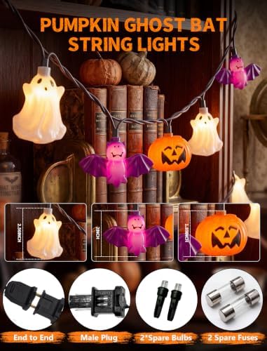 8.5FT 10 LED Halloween Pumpkin Bat Ghost String Lights Outdoor, Linkable
