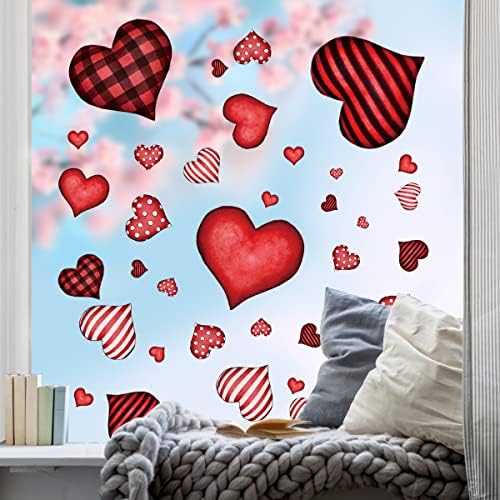 Horaldaily 120 PCS Valentine Window Cling Sticker, Red Buffalo Plaid Stripe Dots Love Hearts Home Party Supplies Shop Window Glass Display Decoration