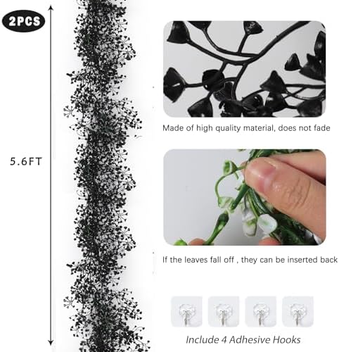 RECUTMS 2Pcs Artificial Black Wisteria Garland 5.6Ft Plastic Halloween Vine