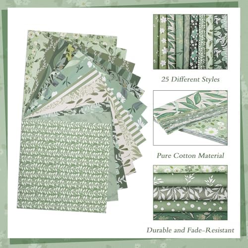 25 Pcs Sage Green Cotton Fabric Squares, 10 x 10 Inch, Precut