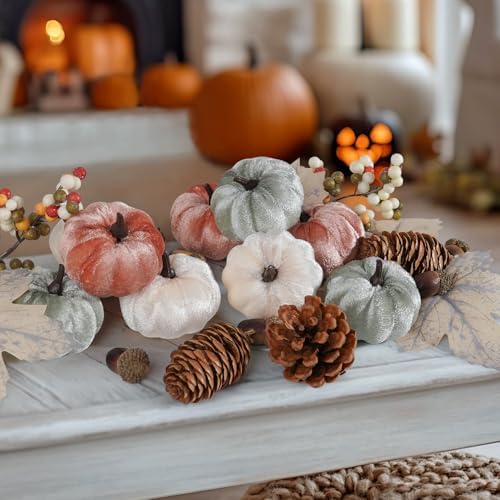 Artmag 25 PCS Pumpkin Decor Set, Artificial Fabric Pumpkins Decor with Acorns, Pinecones, Berries, Maple Leaves for Fall Halloween Thanksgiving Decorations Home Table