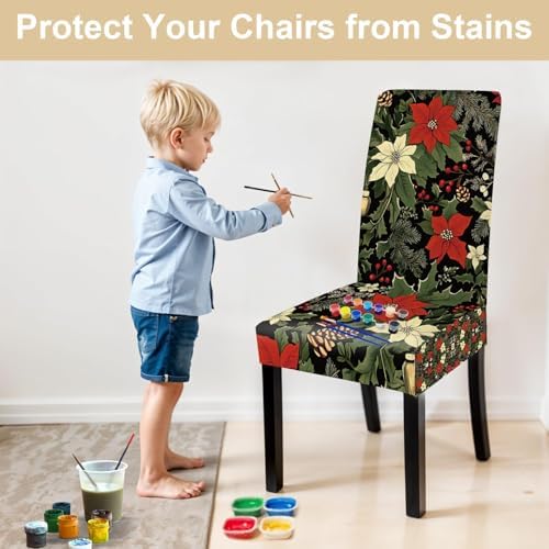 Flower Chair Covers for Dining Room – Festive Holiday Floral Print Slipcovers with Red Poinsettia, Pinecones & Holly – Stretch Washable Dining Chair Protector for Winter Decor, Parties