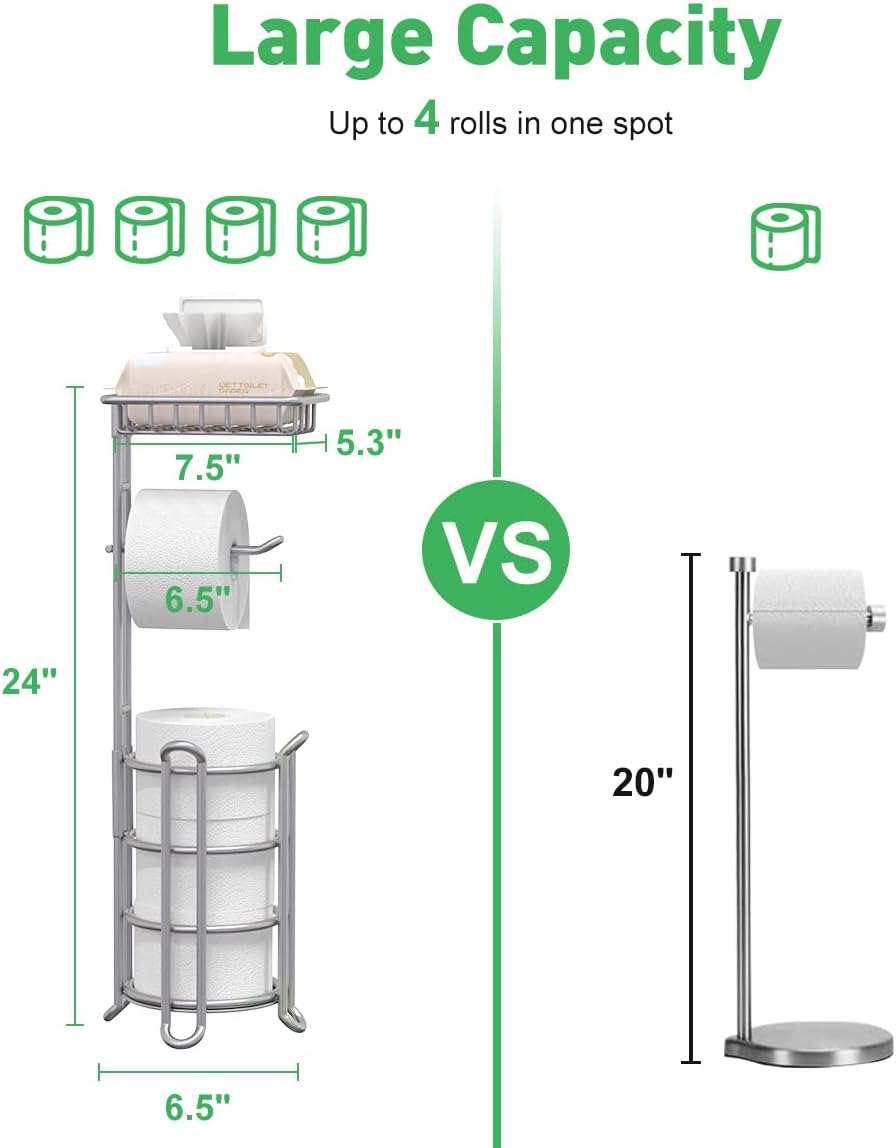 Toilet Paper Holder Stand Bathroom Tissue Dispenser Holders Rack Free Standing with Extra Shelf Storage Mega