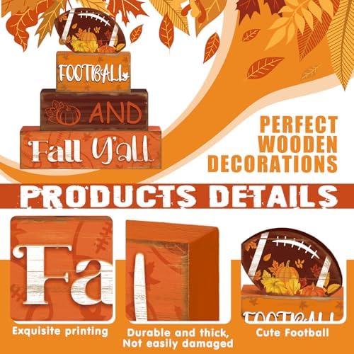 4 Pcs Fall Football Table Decor Football Wooden Blocks Signs with Sayings
