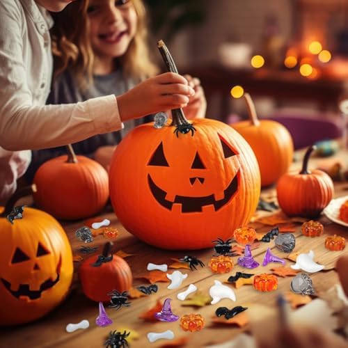 10160 pcs Halloween Acrylic Spider Mini Pumpkins Bat Ghost Skull Hat Acrylic Sensory, Halloween Vase Filler Gems for DIY Crafts, Home, Halloween Table Decoration