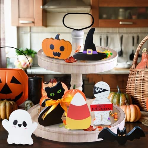 Cute Halloween Decorations Indoor: 7PCS Wooden Tiered Tray Decor Table Sign - Pumpkin Ghost Bat Black Cat Mummy Witch Hat Candy Corn Freestanding Signs for Party Home Mantel Shelf Display