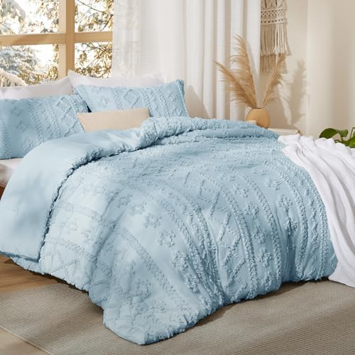 Bedsure Tufted Boho Comforter Set Full Size - Sky Blue Boho Bed Set, GentleSoft™ 3 Pieces Farmhouse-Style Embroidery