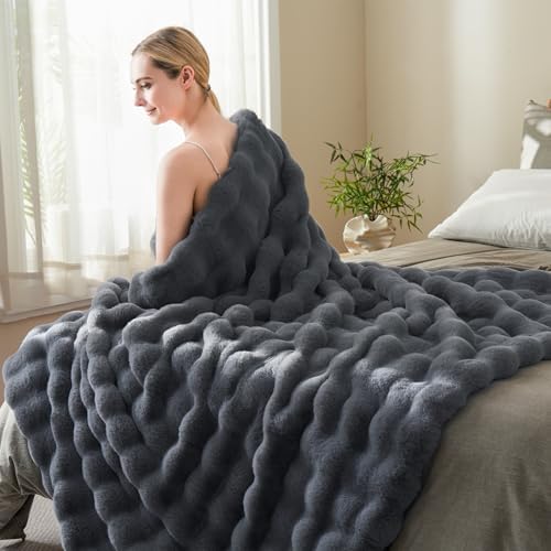 BENVWE Faux Fur Throw Blanket for Couch - Thickened Fluffy Soft Bubble Blanket for Living Room Home Decor - Fathers Day