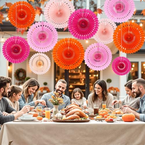 BestoFun 12PCS Paper Fans Orange and Hot Pink Party Decorations Tissue Paper Flowers Hanging Paper Fans Party Decorations for Girl Groovy Birthday Baby Shower Wedding Bachelorette Room Wall Décor