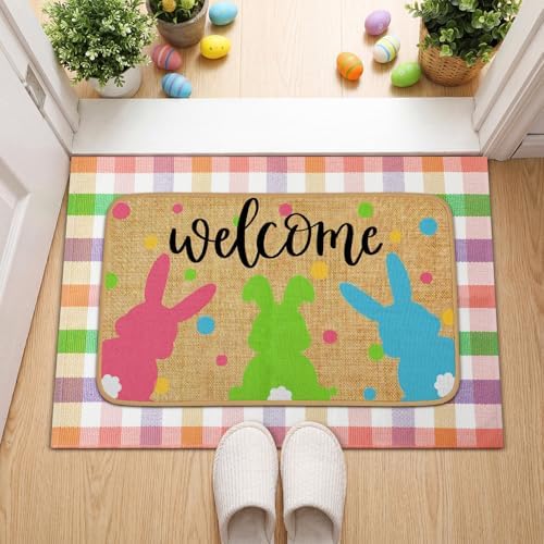 Tinideya 2 Pcs Easter Bunny Doormats Welcome Outdoor Spring Rabbit Door Mats Layered Front Door Rugs Non Slip Floor Mats for Porch Entryway Outdoor