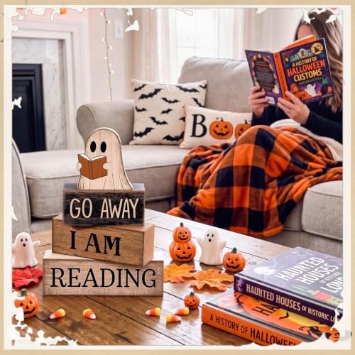 Moucuny 4 Pcs Halloween Table Decor Wooden Ghost Reading Stacked Block Sign