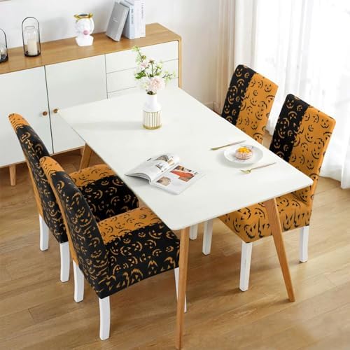 4 Pcs Halloween Dining Chair Covers, Spooky Pumpkin Stretch Removable Washable Seat Slipcovers, Horror Scary Kitchen Dining Room Hotel Decor