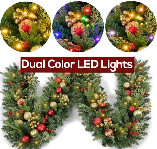 9FT Prelit Artificial Christma Garland with Dual Color LED Lights and Timer by Remote Control and Batteries Operated, Home Mantle Stairs Railing Fireplace Outdoor Indoor Wall