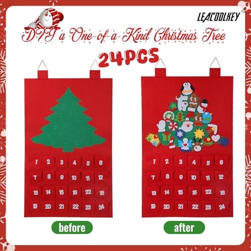 Christmas DIY Advent Calendar Felt Advent Calendar with Pockets Hanging Reusable Countdown Calendar for Kids Christmas Decorations Gifts (Red +Green Christmas tree)