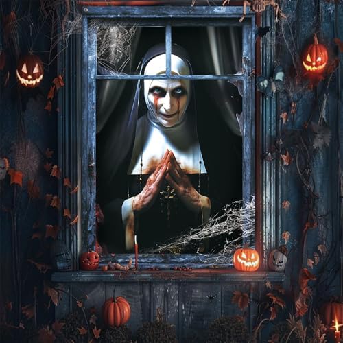 CCINEE 2 Packs Scary Halloween Window Cover Decoration, 3D Ghost Curtains Backdrop Haunted House Garage Door Posters for Indoor Outdoor Wall Window Silhouettes Halloween Party Decor