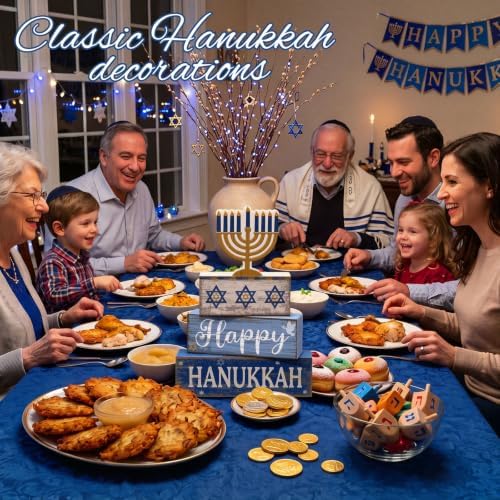 Lineshading 4 Pcs Hanukkah Decorations for Home Chanukah Table Decor Wooden Menorah Decoration Hanukkah Centerpiece