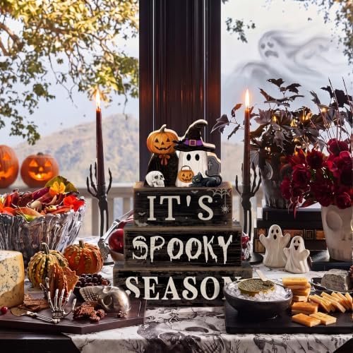 Moucuny 4 Pcs Halloween Table Decor Pumpkin Ghost Wood Stacked Block Decor