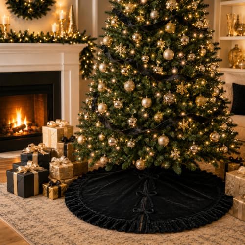 Velvet Christmas Tree Skirt Black 36 inch Ruffled Holiday Tree Skirt for Rustic Xmas Tree Decoration