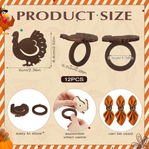 Roshtia 12 Pcs Wooden Fall Napkin Rings Thanksgiving, Turkey