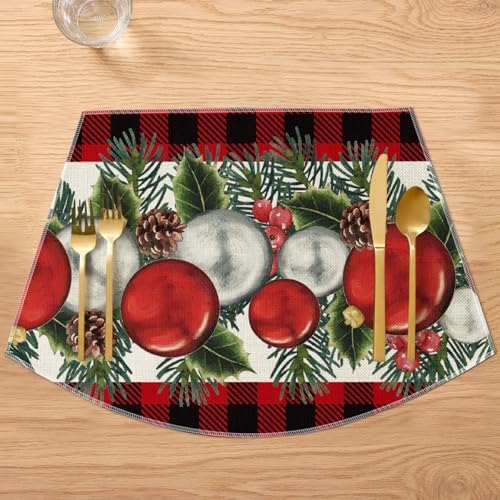Artoid Mode Christmas Balls Pine Cones Wedge Shape Placemats for Round Table Set of 4, Winter Seasonal Kitchen Dining Table Decoration for Indoor Party Home