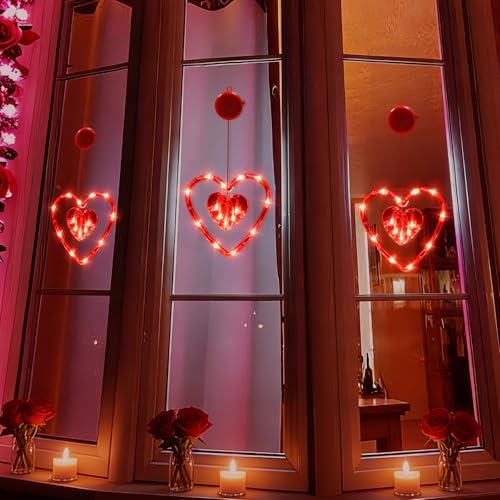 LOLStar 3 Pack Valentines Day Window Lights Decor with Timer Battery Operated Red Heart-Shaped Window Decor Silhouette Sucker LED Lamp Slow Fade Mode Hanging Lights for 2026 Holiday