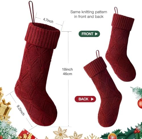 Hommtina Christmas Stockings, Personalized Christmas Stockings 18 Inches Large Size Cable Knitted Stocking Gifts (Style 2 6pcs White&red&Green)