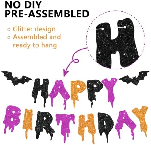 Glitter Happy Birthday Halloween Banner - NO DIY - Halloween Hanging Paper Garland Bunting Banner Decorations, Party Supplies for Kids Boy Girl Birthday Black Purple Orange